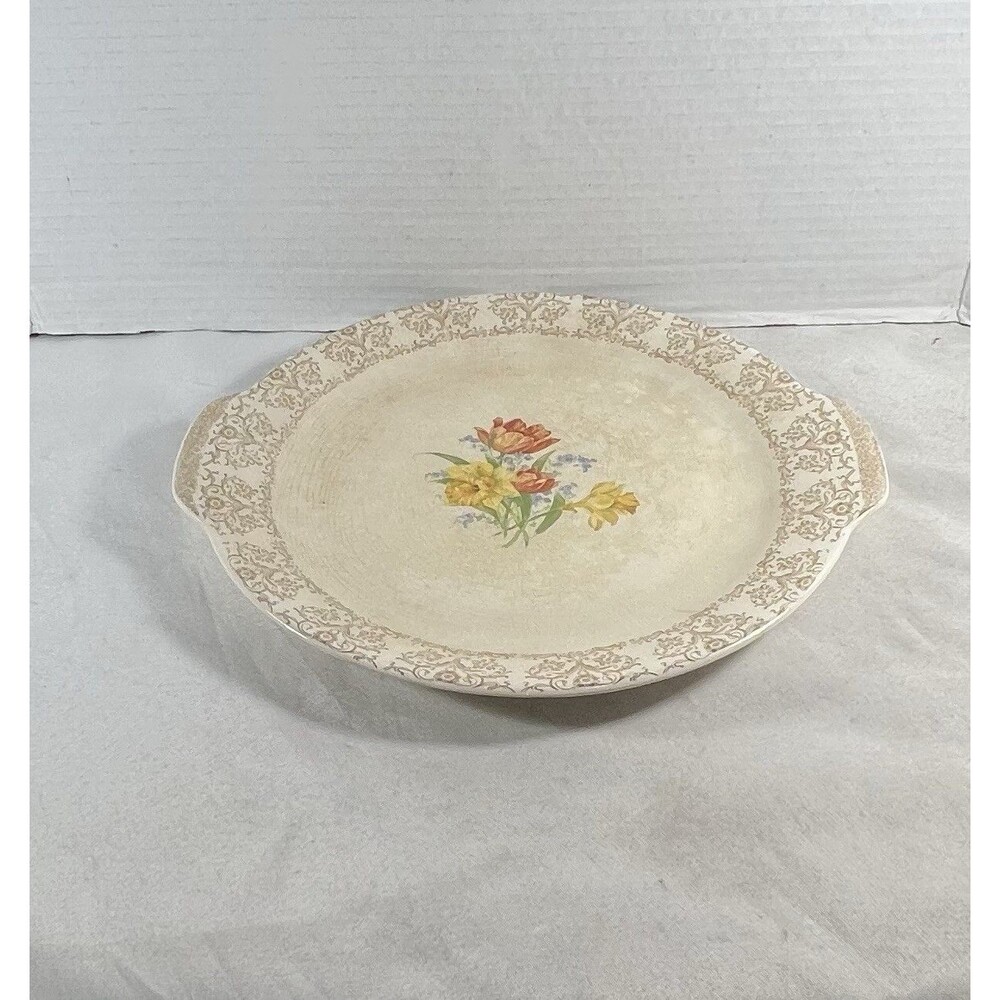 Royal Splendor Handled Serving Plate Beige Floral 22kt Gold Filigree 11.25” - Picture 10 of 12